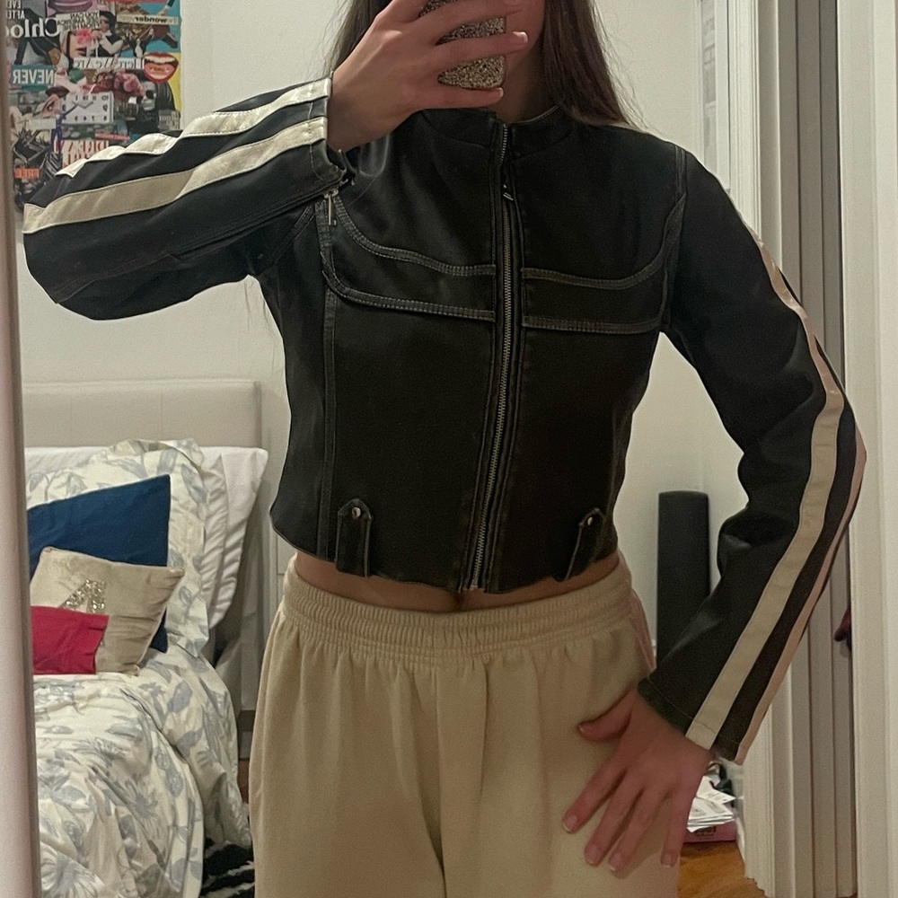 Urban Outfitters Charcoal Distressed Moto Jacket with White Stripes and Piping